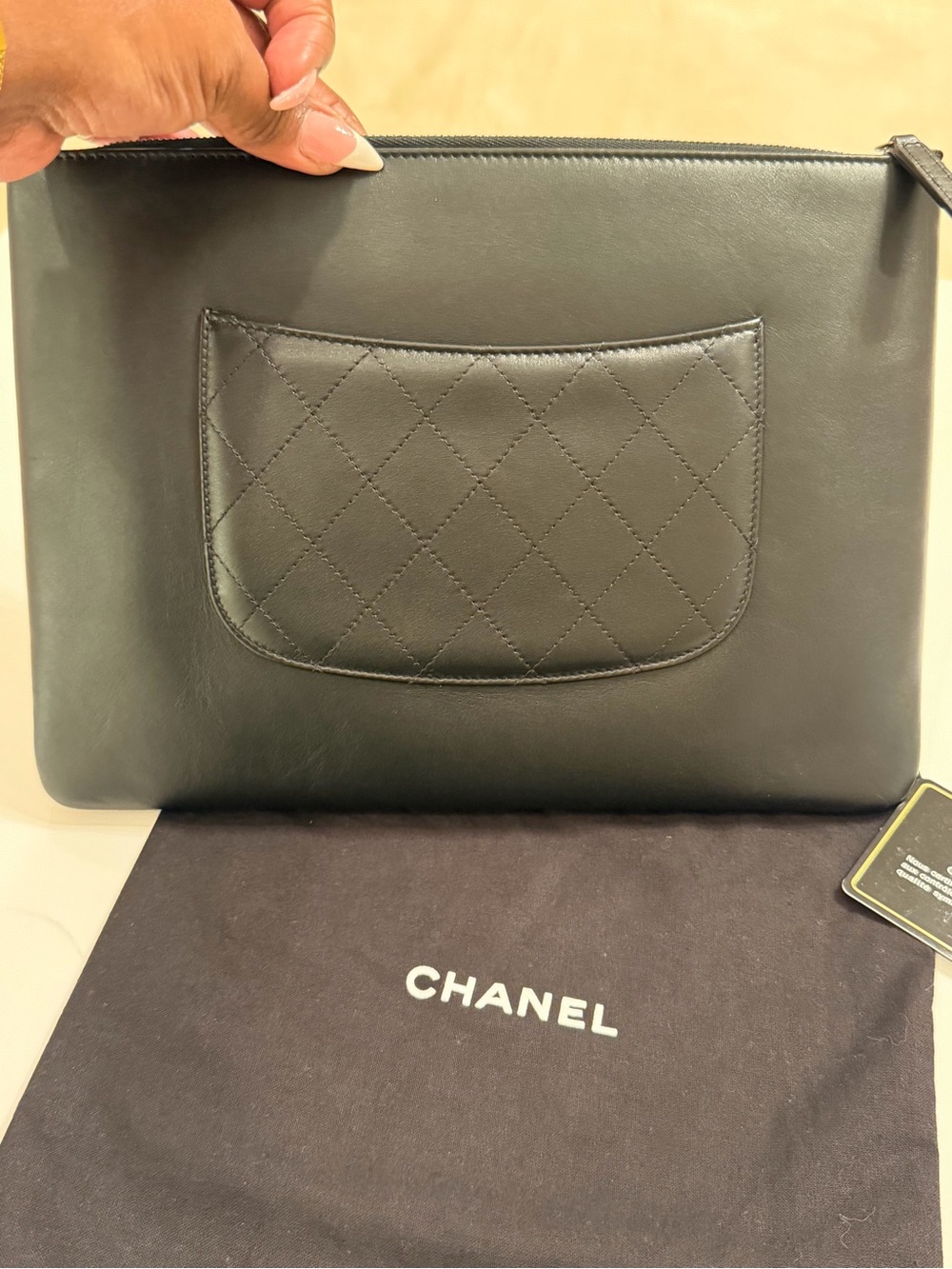 CHANEL Black Leather Clutch with Two-Tone Chain Script - Picture 5 of 6